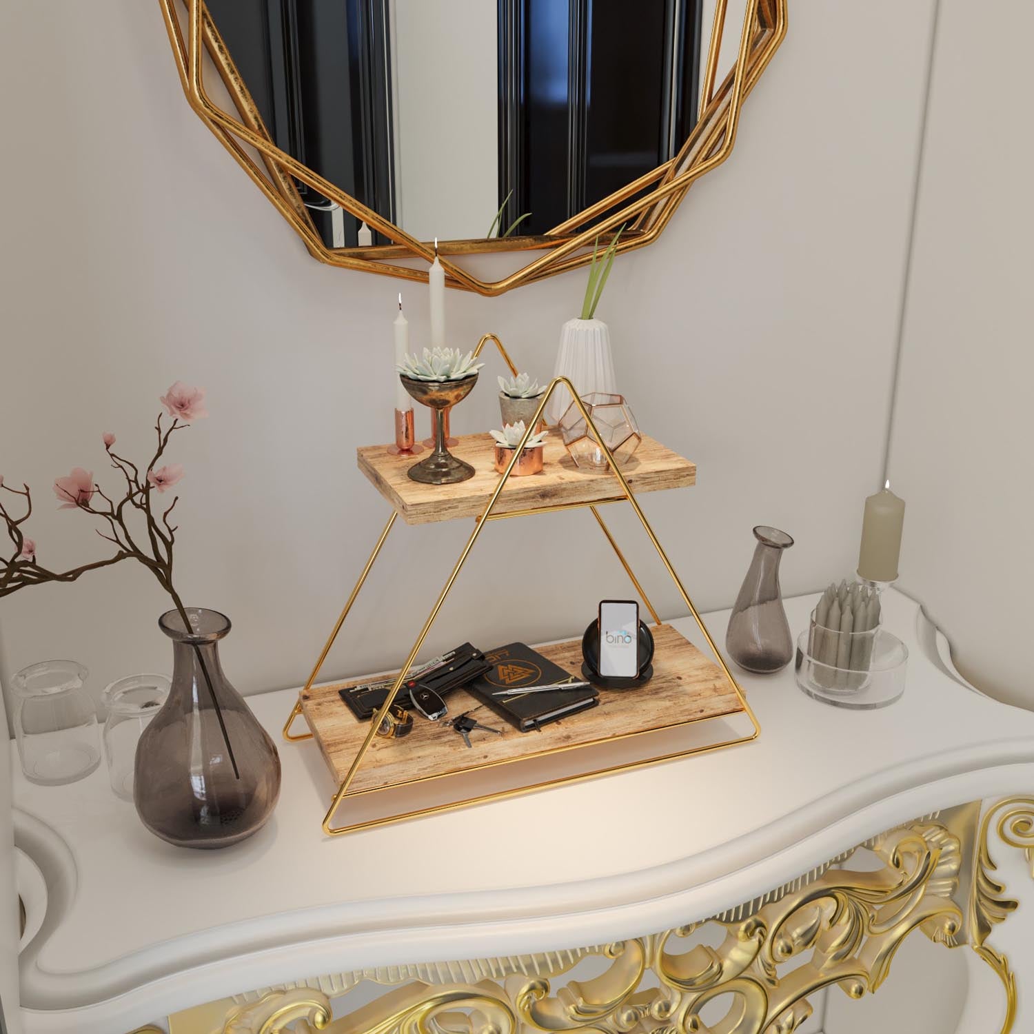 Entdecken Sie das elegante Wandregal von Hanah Home aus 100% Massivholz in Gold und Braun – die perfekte Kombination aus Stil und praktischer Aufbewahrung.