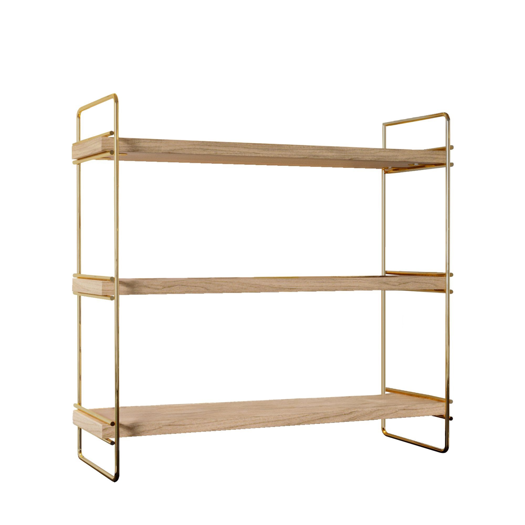 Entdecken Sie das elegante 3-stufige Wandregal von Hanah Home, gefertigt aus 100% Massivholz in Gold und Braun – ein einzigartiges Highlight für Ihr Zuhause.