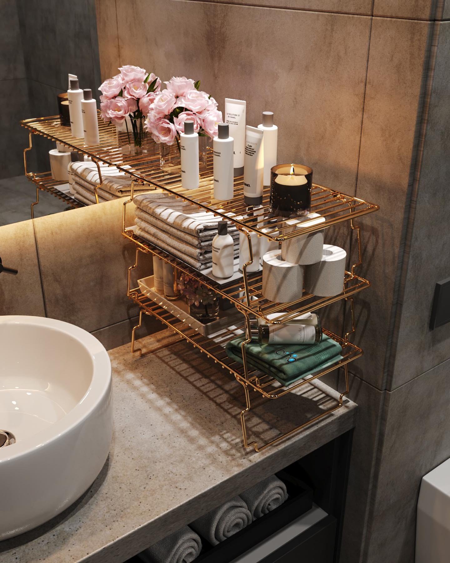 Entdecken Sie das elegante Dolap Ici Organizer Wandregal in Gold und Braun von Hanah Home. Ideal für stilvolle Akzente und praktische Aufbewahrung.