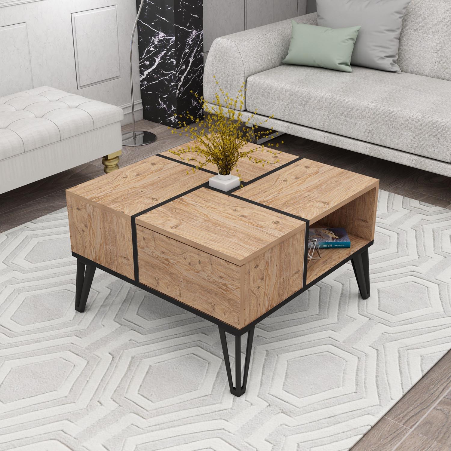 Entdecken Sie den eleganten Nirvana Sofatisch aus Atlantischer Kiefer Schwarz von Hanah Home. Stilvoll, robust und perfekt für Ihr Wohnzimmer!