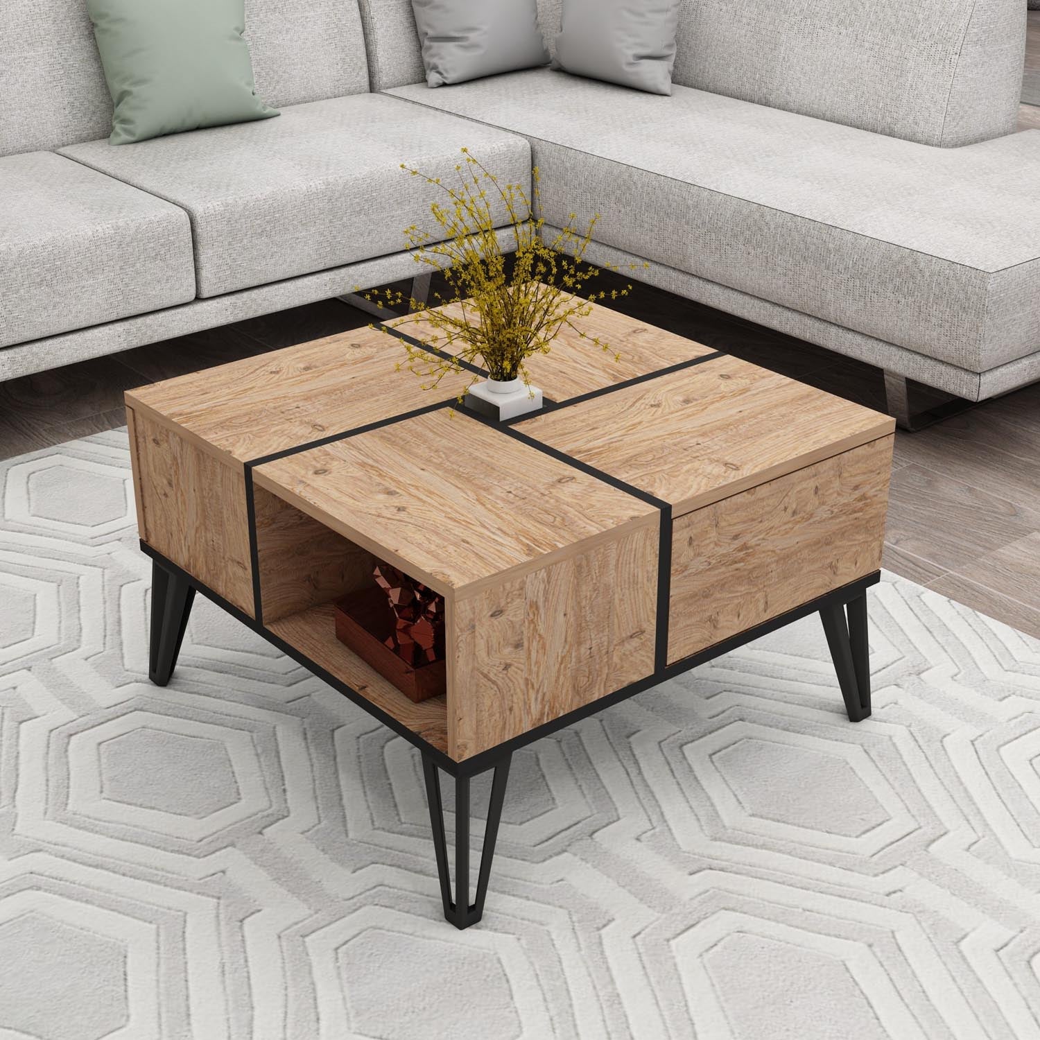 Verleihen Sie Ihrem Wohnraum mit dem Nirvana Sofatisch aus Atlantischer Kiefer Schwarz von Hanah Home einen Hauch von Eleganz und Funktionalität. Ideal für jedes Zuhause!