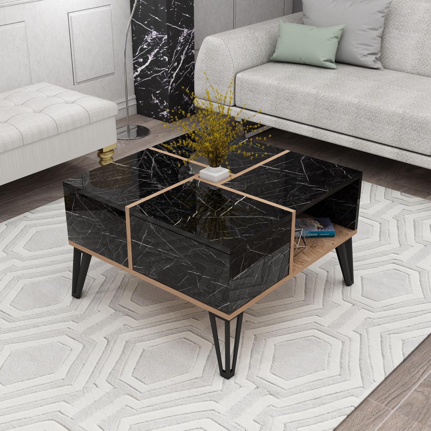 Entdecken Sie den eleganten Nirvana Sofatisch in Schwarz, Walnuss und Weiß von Hanah Home – stilvoll, langlebig und vielseitig für Ihr Zuhause.