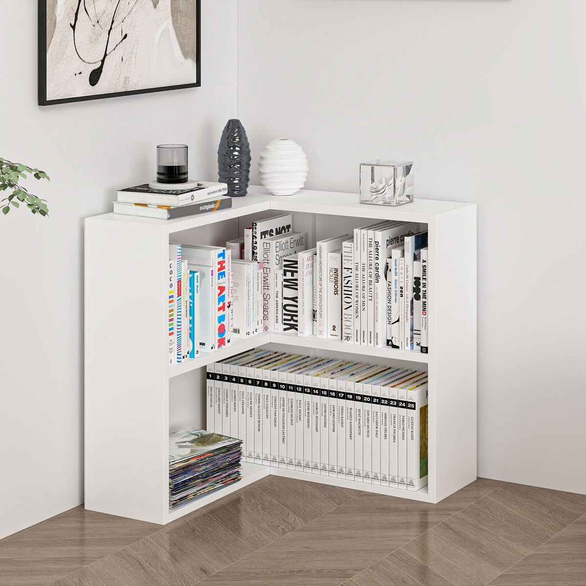 Weisses Eckbücherregal aus melaminbeschichteter Spanplatte mit einem Fachboden und zwei offenen Fächern, kompakte Eckform, 60x60x20 cm.
