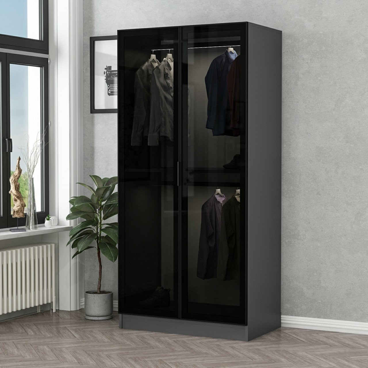 Entdecken Sie die elegante Kale Glass Anthracite Garderobe von Hanah Home. Stilvoll, langlebig und perfekt für Ihr Schlafzimmer!