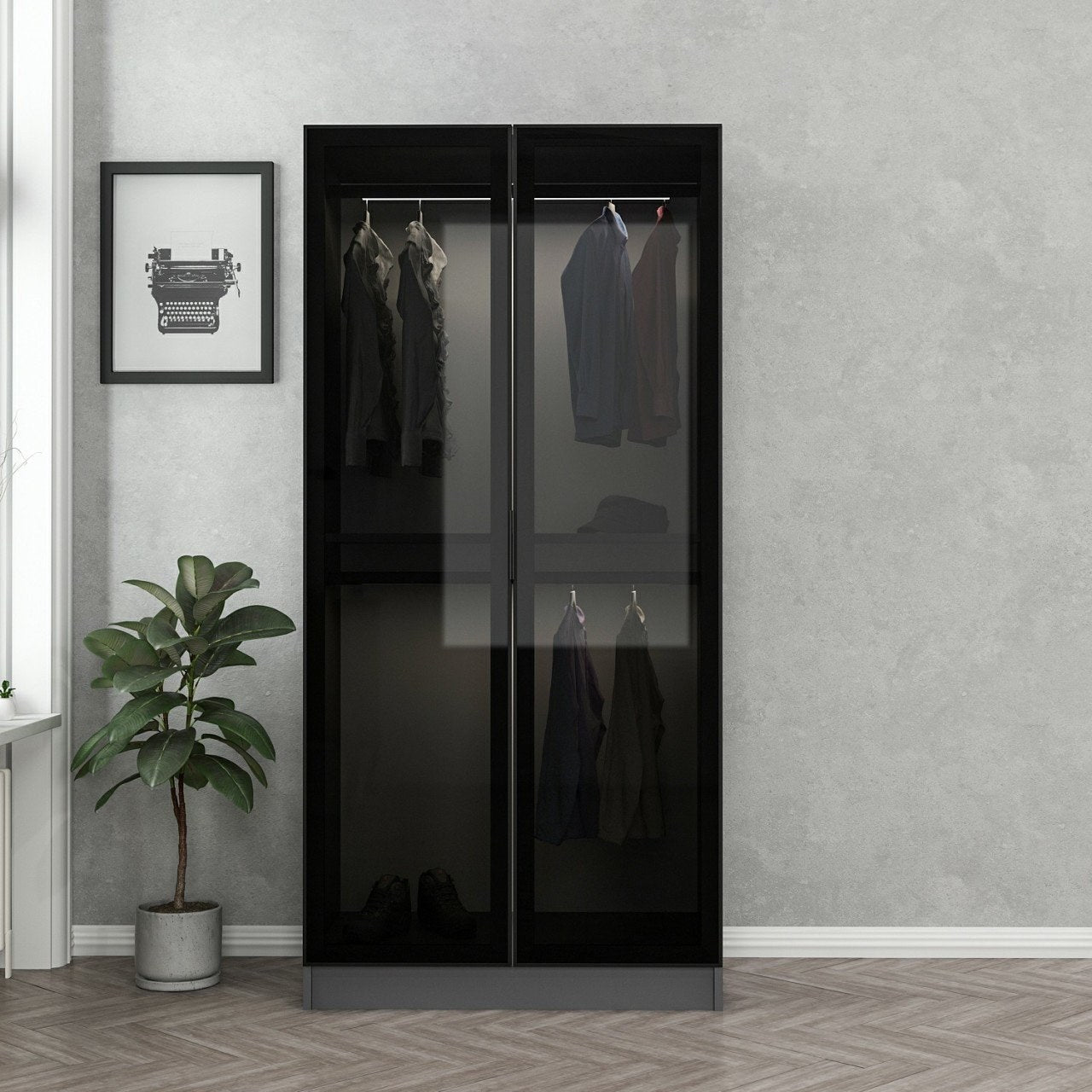 Gestalten Sie Ihr Schlafzimmer neu mit der Kale Glass Anthracite Garderobe von Hanah Home. Funktional, modern und ideal für Ordnung!