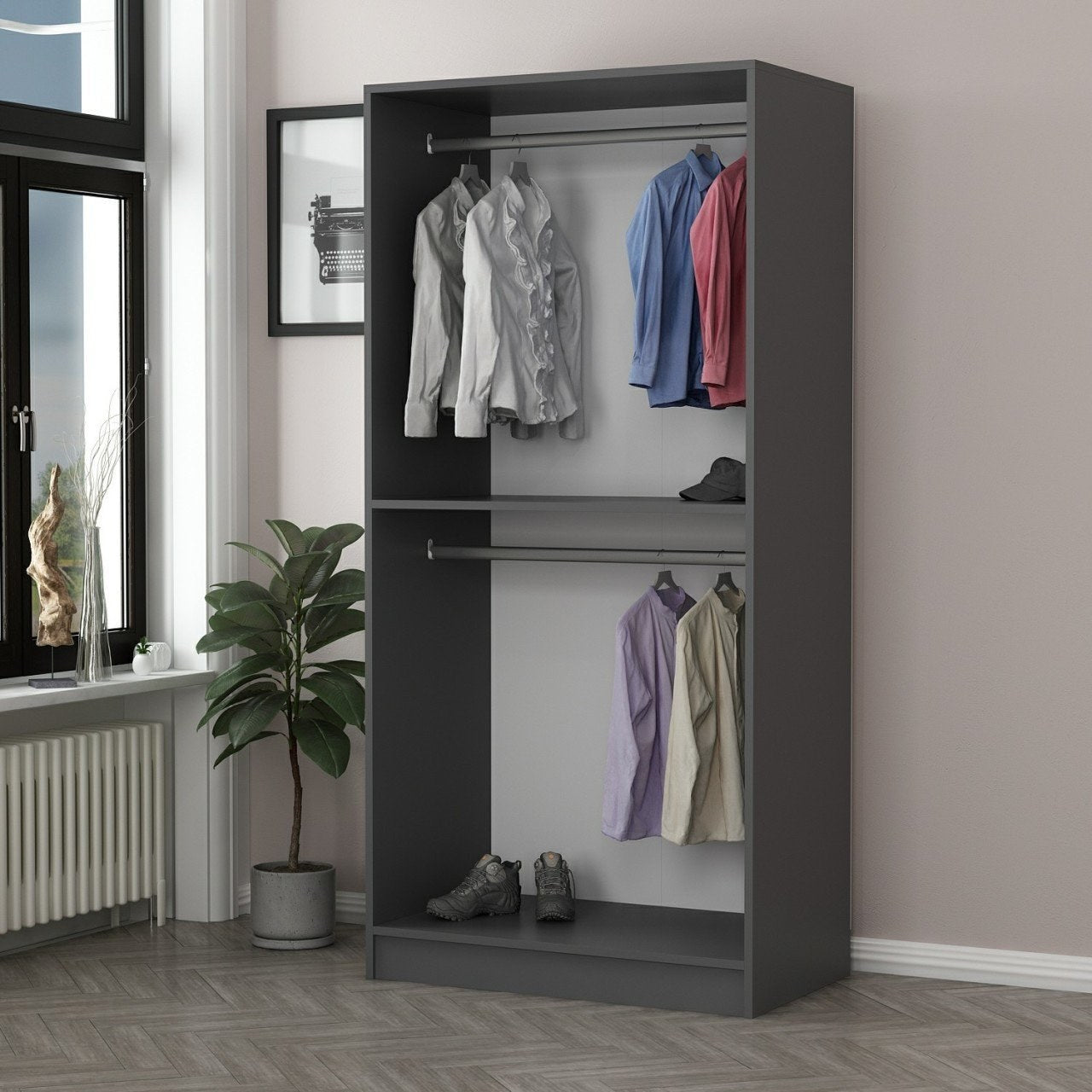 Gestalten Sie Ihr Schlafzimmer neu mit der eleganten Kale Glass Anthracite Garderobe von Hanah Home – ideal für Ordnung und Stil!