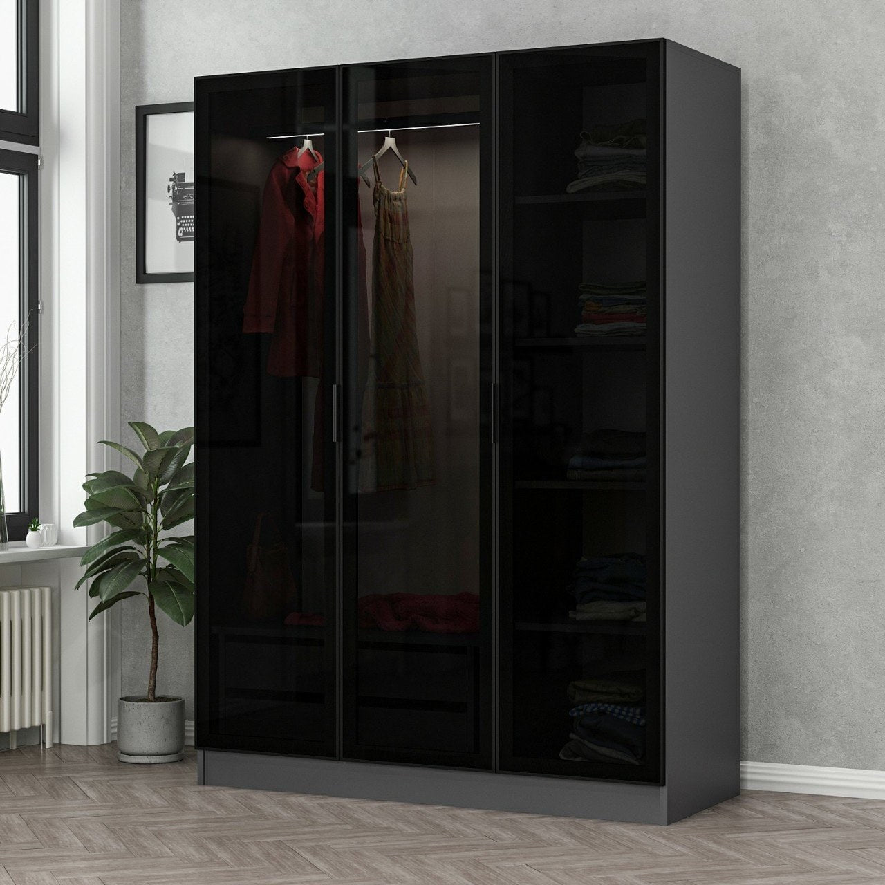 Entdecken Sie die stilvolle Kale Anthracite Black Garderobe von Hanah Home. Elegantes Design, robuste Qualität und großzügiger Stauraum für Ihr Schlafzimmer.