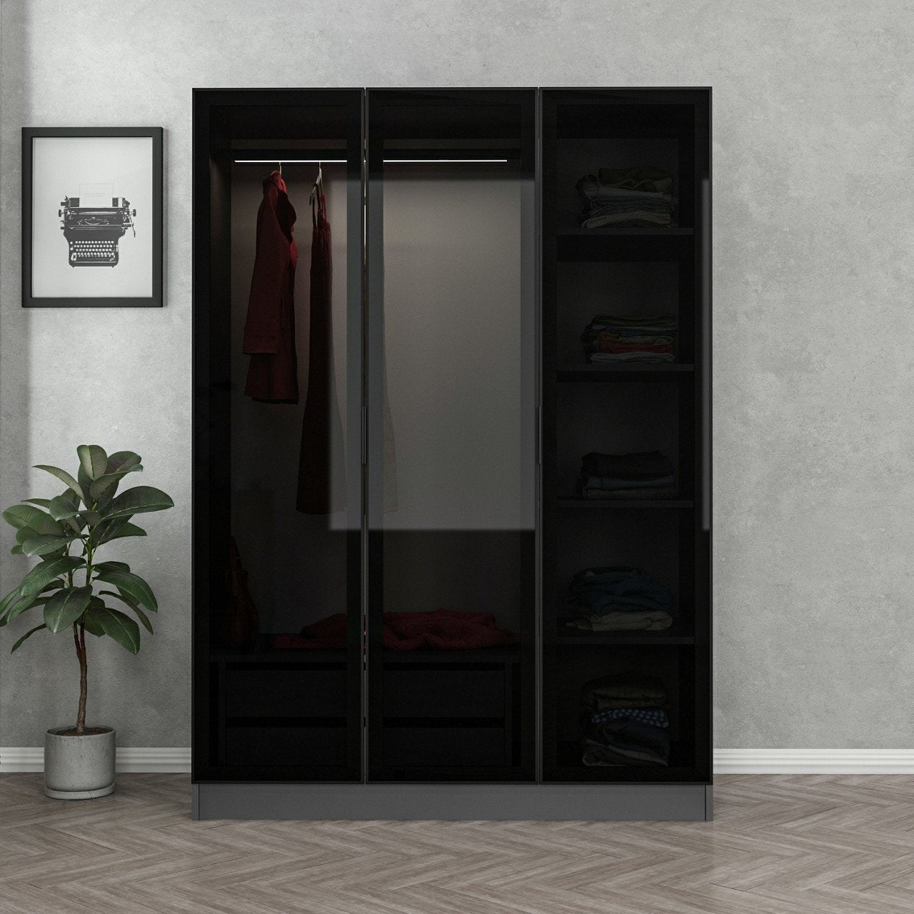 Verleihen Sie Ihrem Schlafzimmer mit der Kale Anthracite Black Garderobe von Hanah Home einen Hauch von Eleganz. Robuste Bauweise und stilvolles Design bieten optimalen Stauraum.