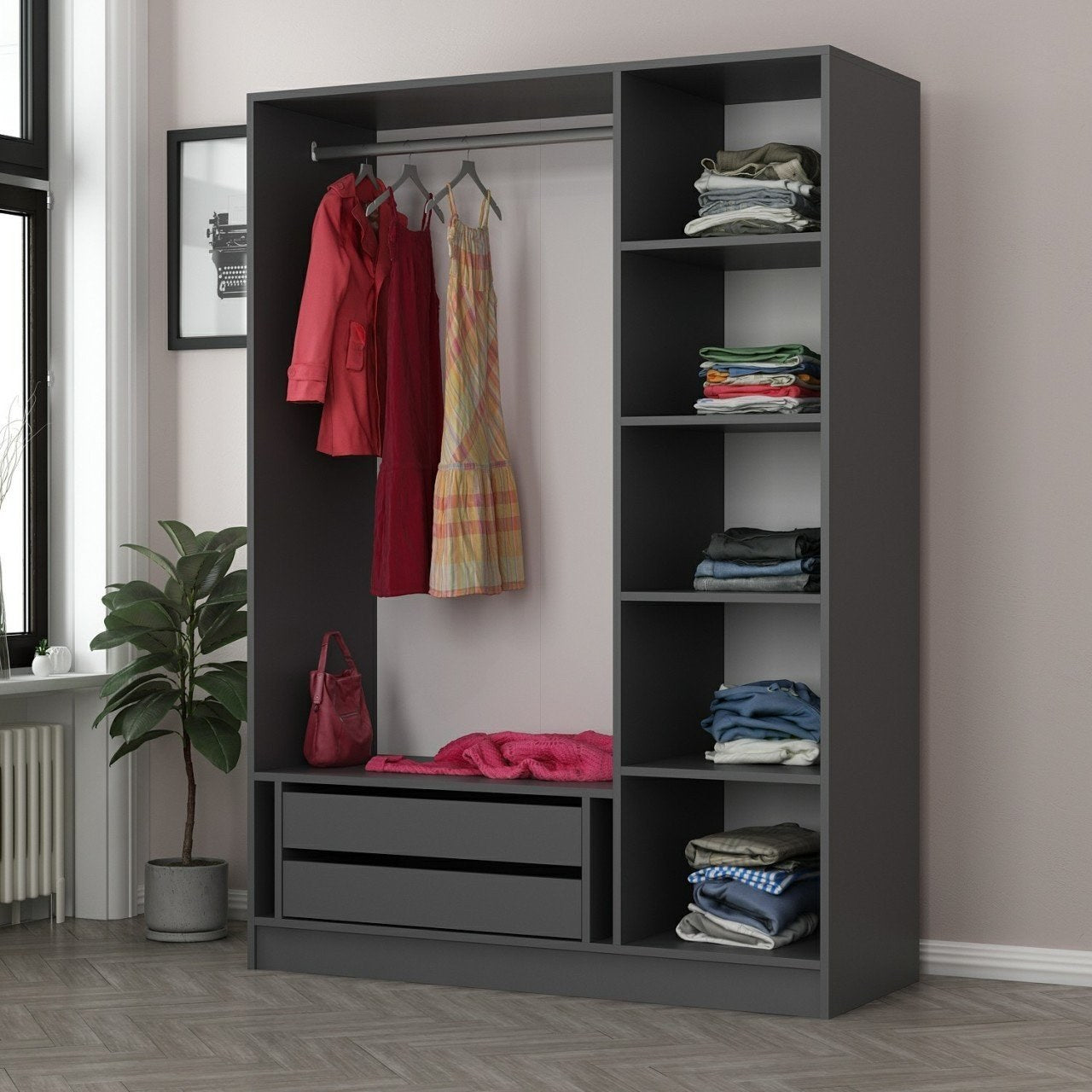 Erleben Sie die elegante Kale Anthracite Black Garderobe von Hanah Home – eine perfekte Kombination aus Stil und Funktionalität für Ihr Schlafzimmer.