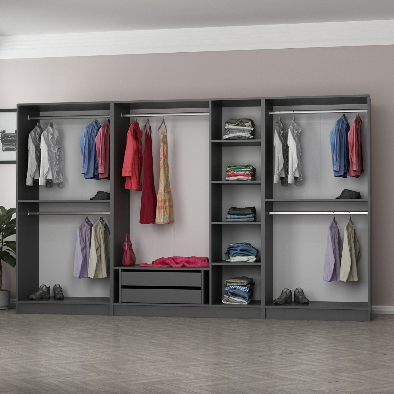Verleihen Sie Ihrem Raum mit der Kale Garderobe von Hanah Home in Anthrazit Schwarz einen modernen Touch. Funktionalität trifft auf elegantes Design!