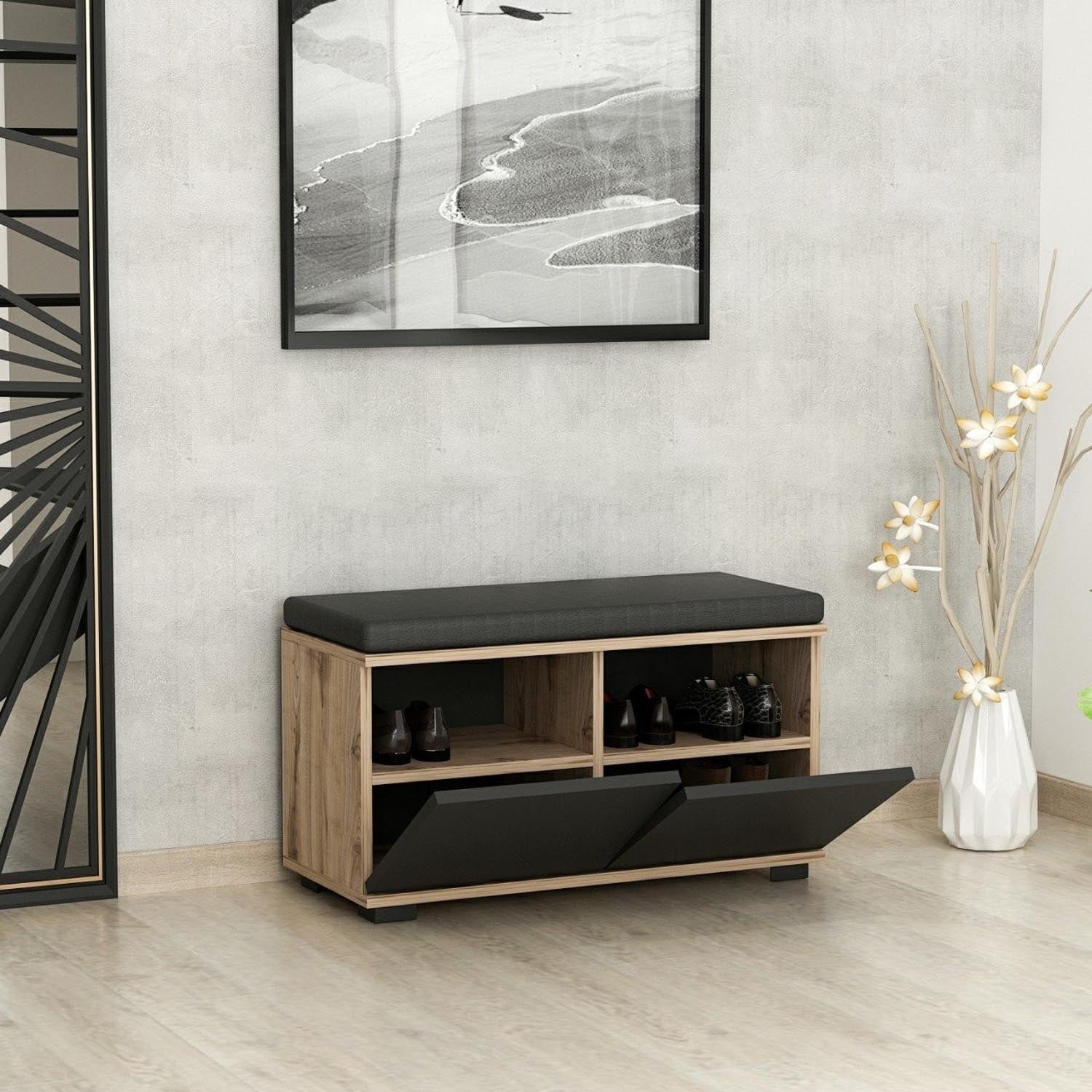 Der Drago Schuhschrank von Hanah Home in Walnuss Schwarz bietet eleganten Stauraum für Ihre Schuhe. Organisieren Sie Ihren Eingangsbereich stilvoll!