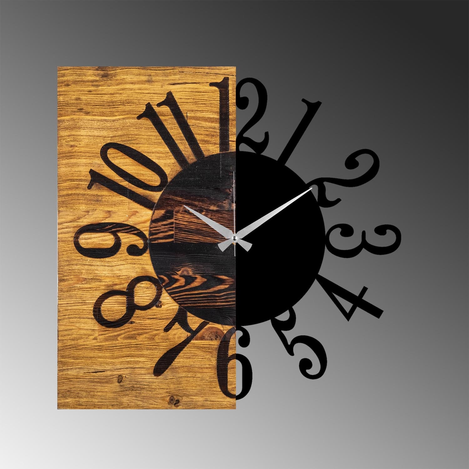 Entdecken Sie die Wooden Clock 7 von Wallity – eine elegante Wanduhr aus 100% echtem Holz, die mit ihrem einzigartigen Walnuss-Schwarz-Design jeden Raum aufwertet.