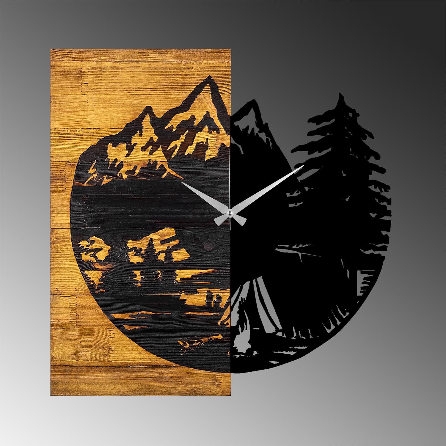 Erleben Sie die Wooden Clock 19 von Wallity – eine elegante Wanduhr aus Walnuss und Schwarz, die durch ihre Handwerkskunst und Einzigartigkeit besticht.