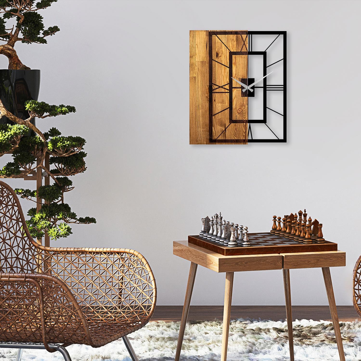 Entdecken Sie die Wooden Clock 37 in Lichtwalnuss Schwarz von Wallity – eine stilvolle Wanduhr, die jedem Raum Charakter und Eleganz verleiht.