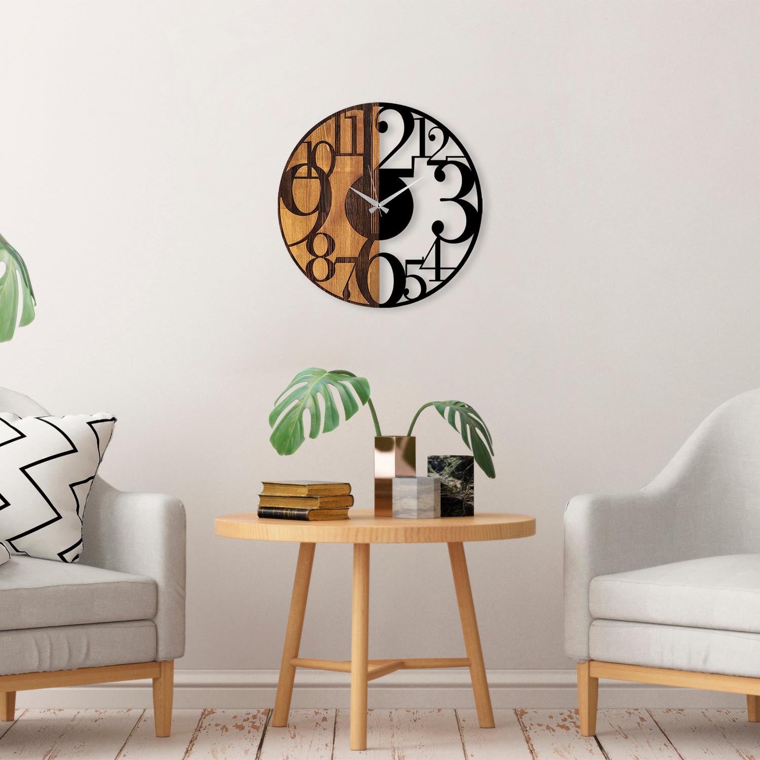 Entdecken Sie die Numbers Wanduhr in Walnuss Schwarz von Wallity – ein einzigartiges Holzkunstwerk, das Eleganz und Wärme in Ihr Zuhause bringt.