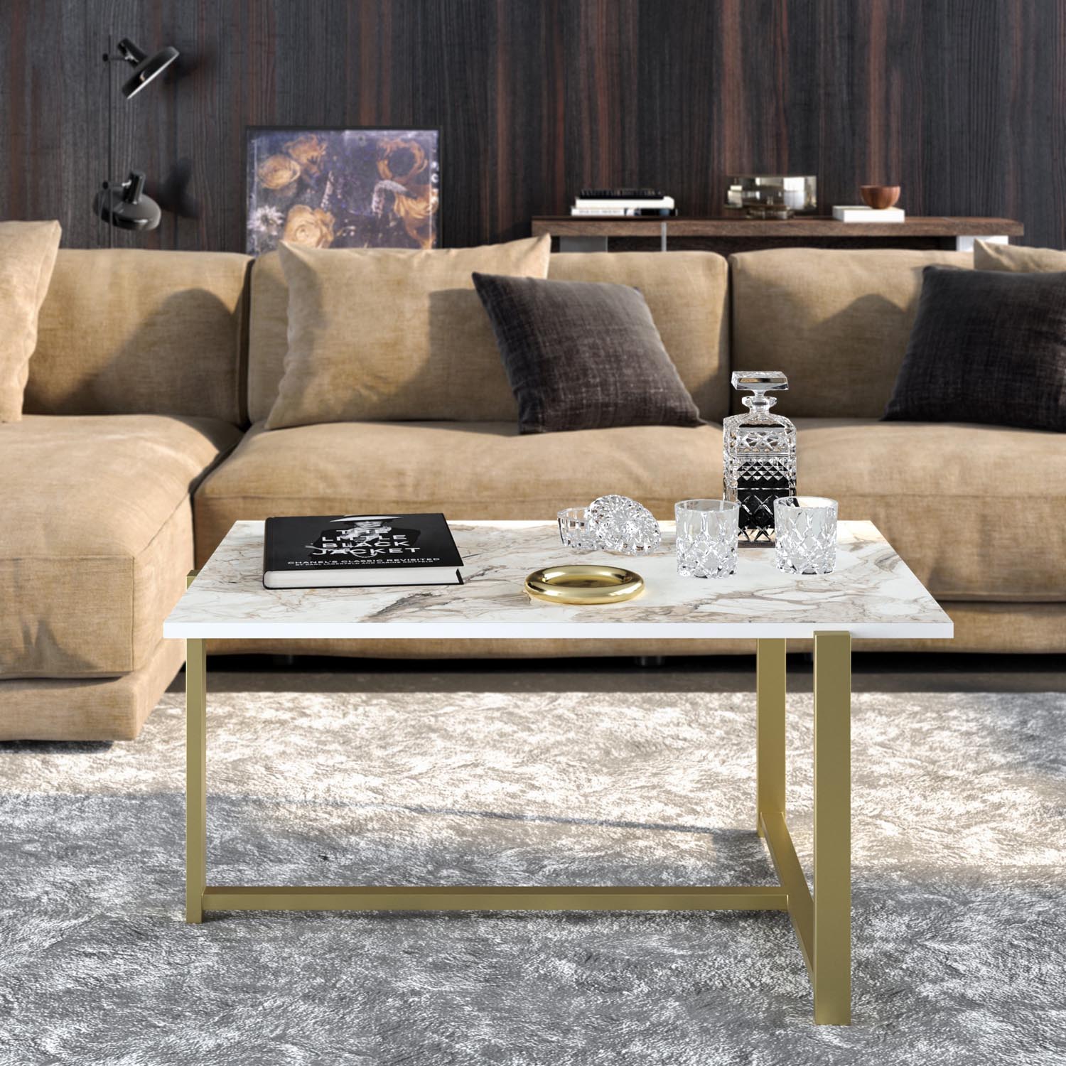 Verleihen Sie Ihrem Wohnraum mit dem Merideths Sofatisch von Hanah Home in Gold und Weiß einen Hauch von Luxus und Eleganz.