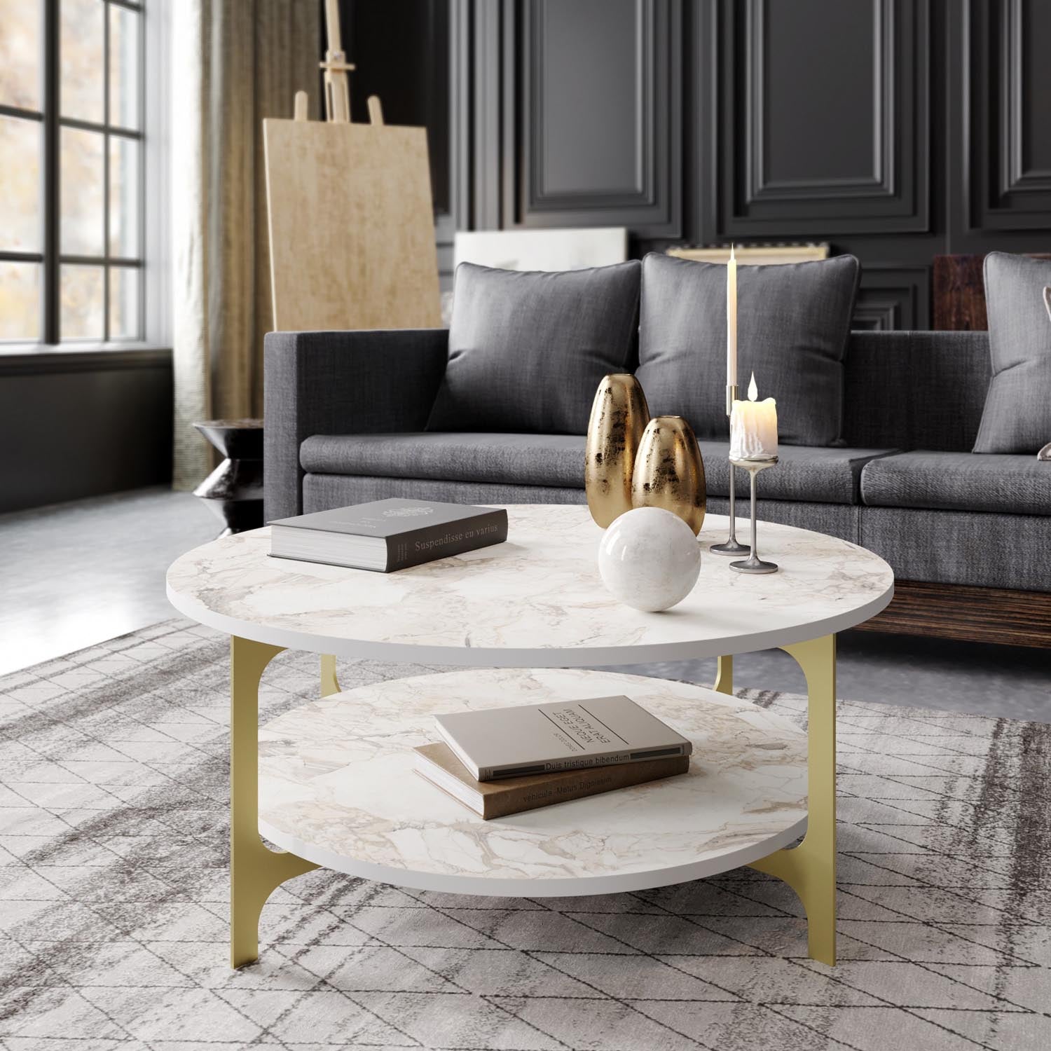 Entdecken Sie den eleganten Versy Sofatisch in Gold und Weiß von Hanah Home. Ein stilvoller Marmor Design Couchtisch, der Ihr Zuhause veredelt.