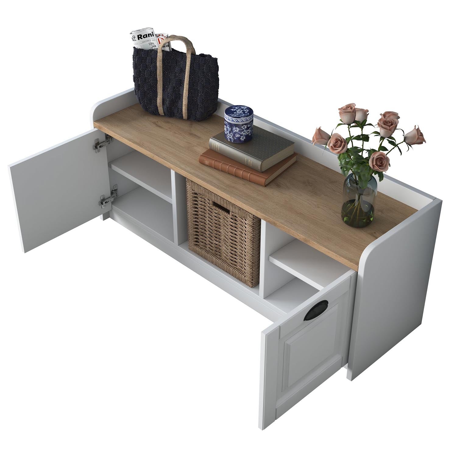 Erleben Sie den P2 Schuhschrank von Hanah Home in elegantem Weiß und Walnuss – ideal für Ordnung und Stil in Ihrem Zuhause!