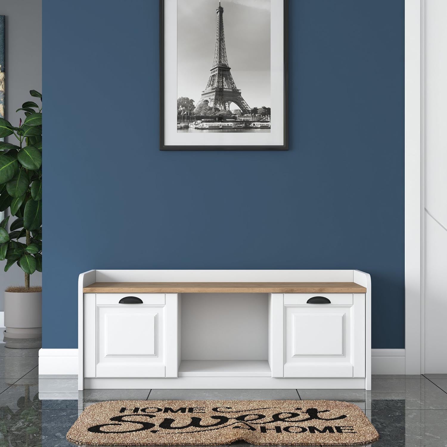 Entdecken Sie den P2 Schuhschrank von Hanah Home in modernem Weiß und Walnuss – ideal für stilvolle Schuhorganisation und ein aufgeräumtes Zuhause!