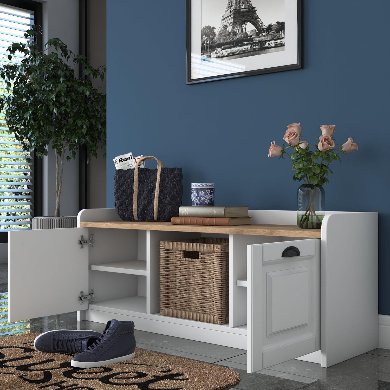 Entdecken Sie den P2 Schuhschrank von Hanah Home in Weiß und Walnuss – ideal für eine stilvolle und praktische Schuhorganisation in jedem Raum!