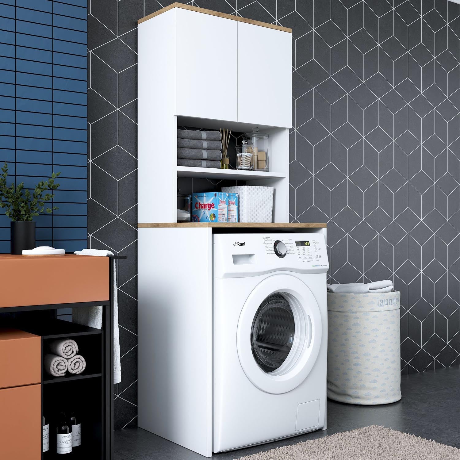 Optimieren Sie Ihre Waschküche mit dem stilvollen KD101 Standregal in Weißer Walnuss von Hanah Home – für eleganten Stauraum und Ordnung.