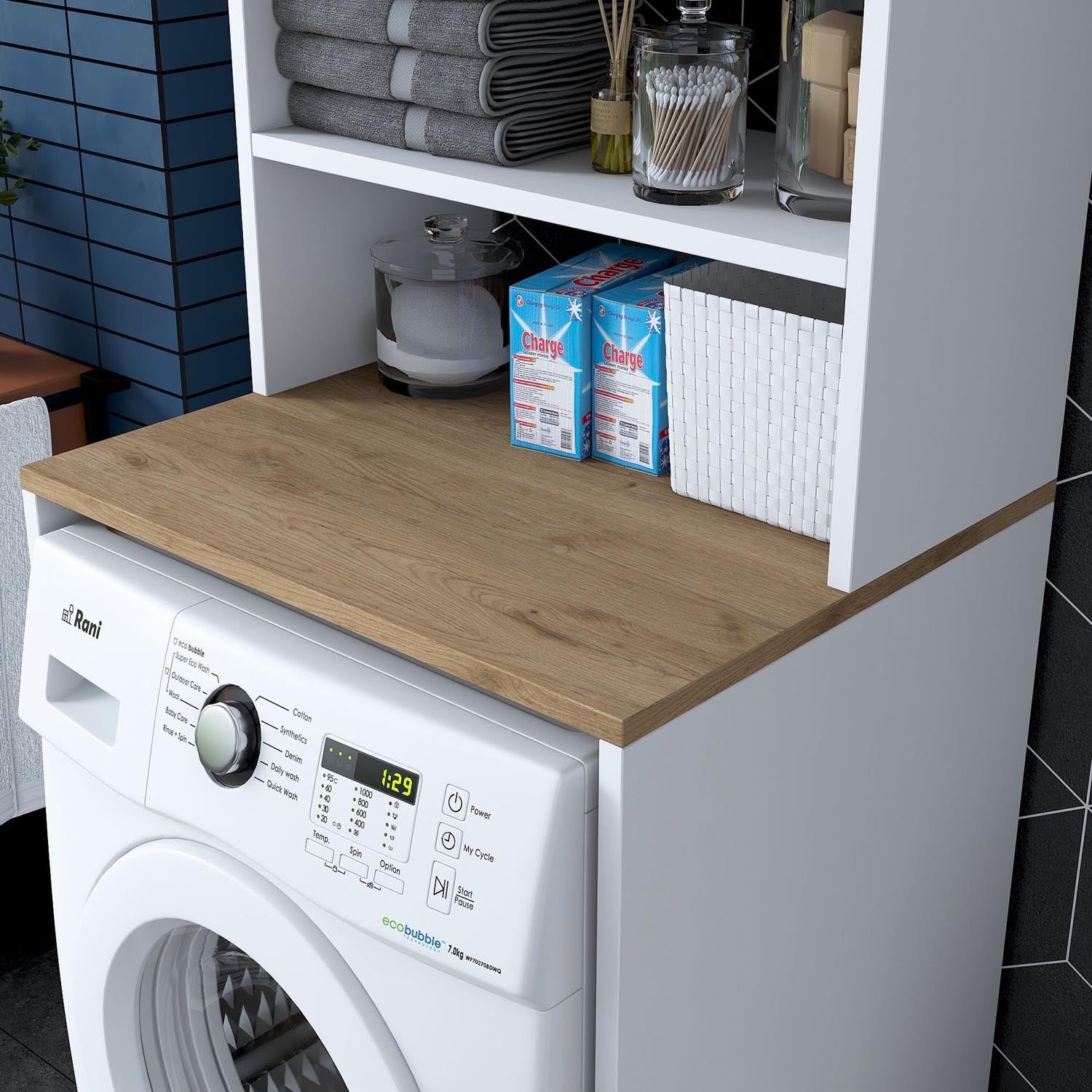 Verleihen Sie Ihrer Waschküche mit dem KD101 Standregal in Weißer Walnuss von Hanah Home einen modernen Look und schaffen Sie gleichzeitig Ordnung und Stauraum.