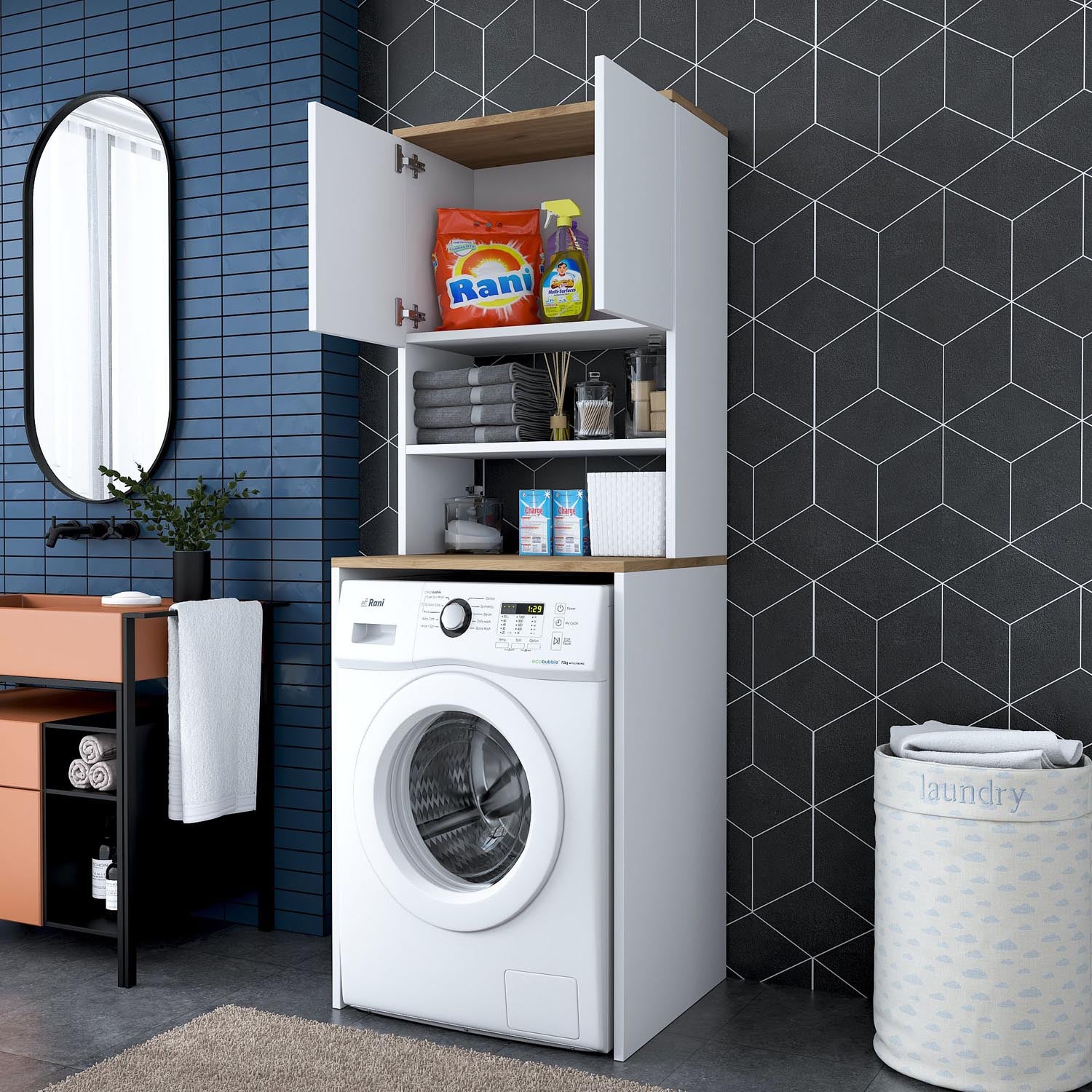 Verleihen Sie Ihrer Waschküche mit dem KD101 Standregal in Weißer Walnuss von Hanah Home einen Hauch von Eleganz und optimalem Stauraum.