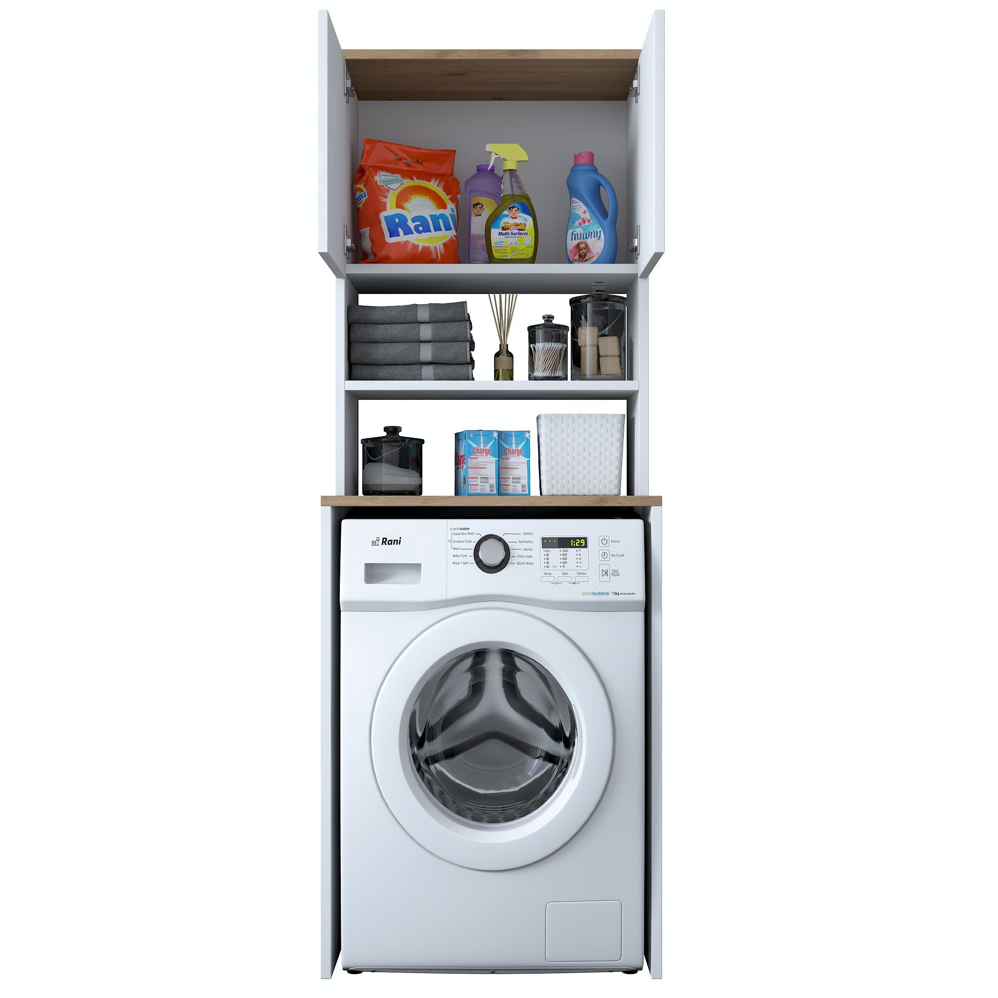 Verleihen Sie Ihrer Waschküche mit dem KD101 Standregal in Weißer Walnuss von Hanah Home einen Hauch von Eleganz und optimalem Stauraum.