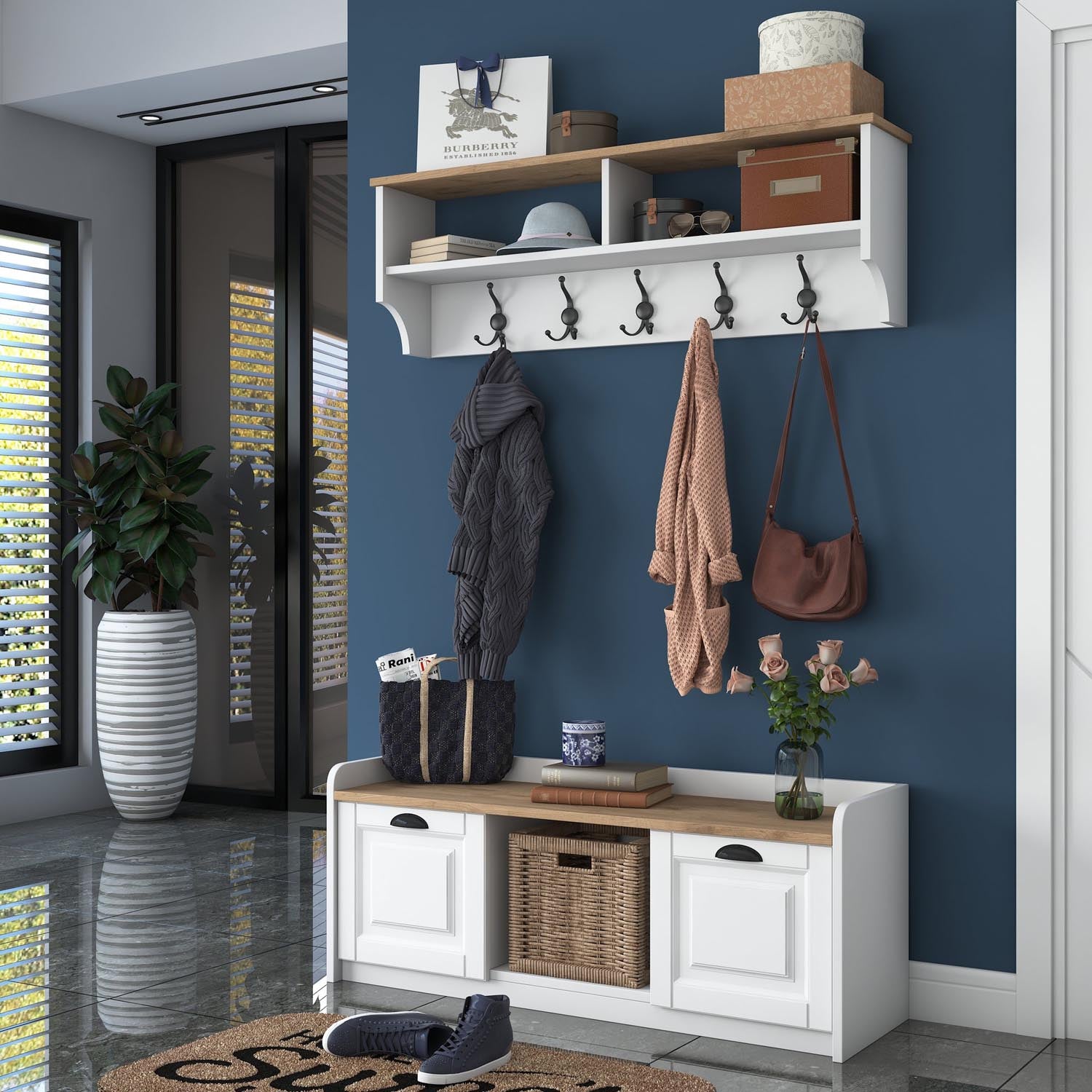 Stilvolle Dielenständer P2 von Hanah Home in Weiß und Walnuss. Perfekte Lösung für einen eleganten und aufgeräumten Eingangsbereich.