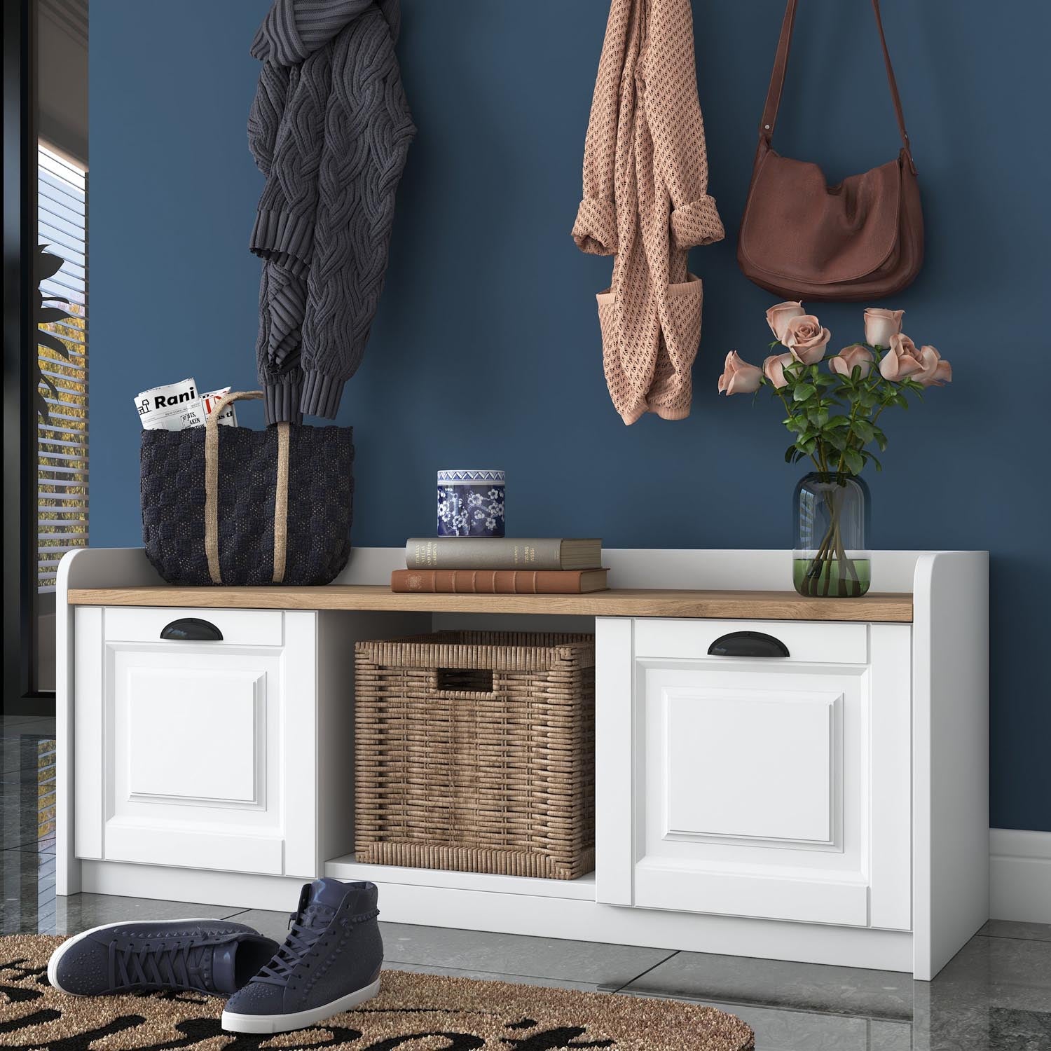 Eleganter Dielenständer P2 von Hanah Home in Weiß und Walnuss. Ideal für einen stilvollen und organisierten Eingangsbereich.