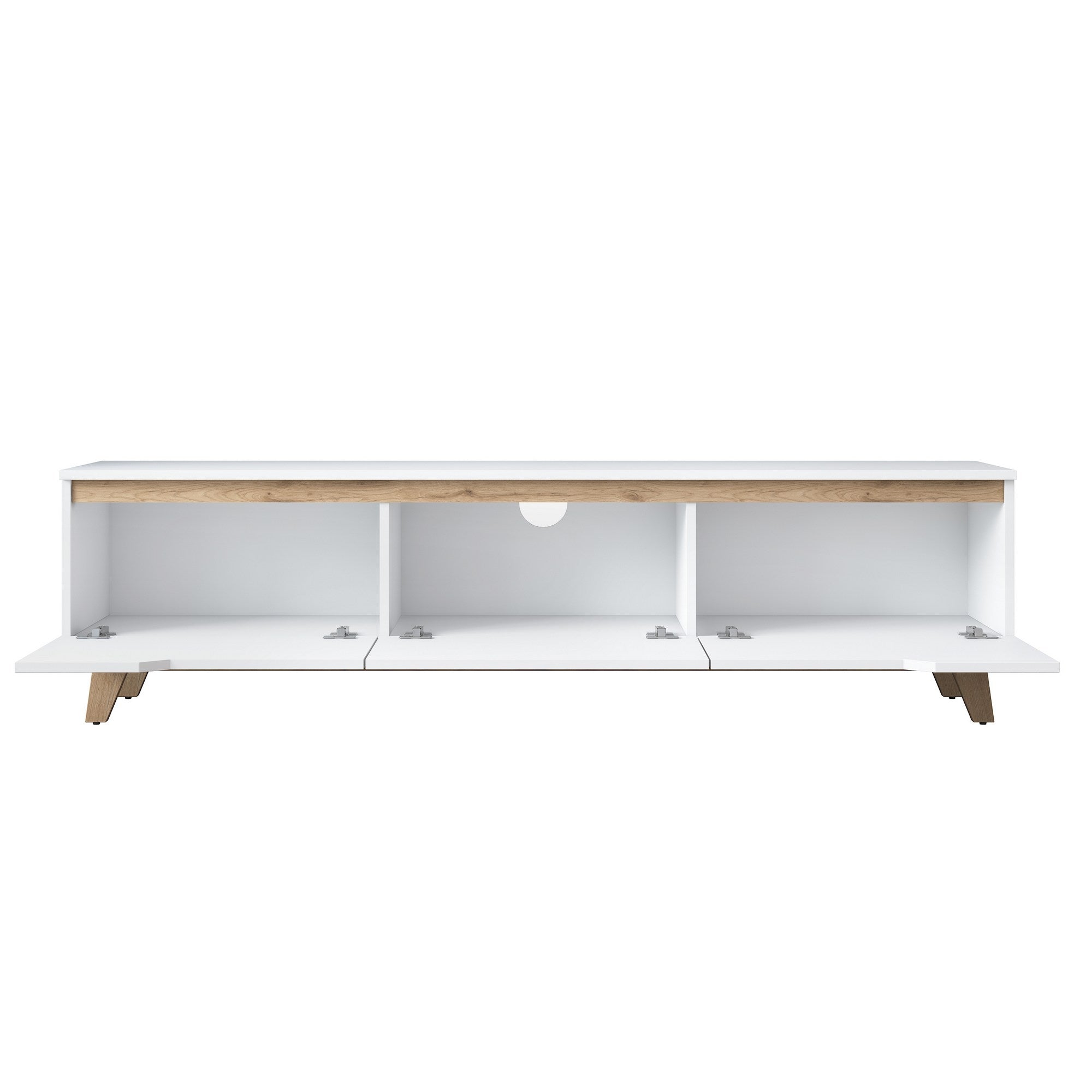 Verleihen Sie Ihrem Wohnraum mit dem D1 Sideboard von Hanah Home einen modernen Akzent. Stilvolles Weiß und Walnuss vereinen Funktionalität und Eleganz.