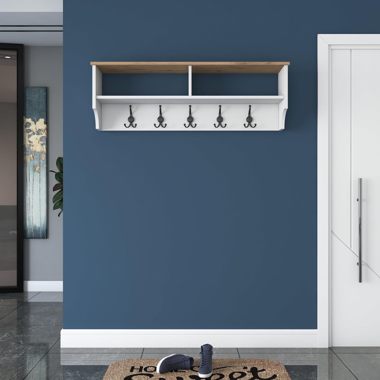 Gestalten Sie Ihren Flur neu mit der P2 Garderobe von Hanah Home. Elegantes Design in Weiß und Walnuss vereint Stil und praktische Aufbewahrung!