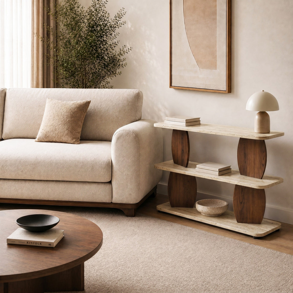 Beistelltisch mit Tischplatte in Travertin-Optik und Gestell in Walnuss-Optik, rechteckige Form, Masse 90 x 30 x 70 cm.