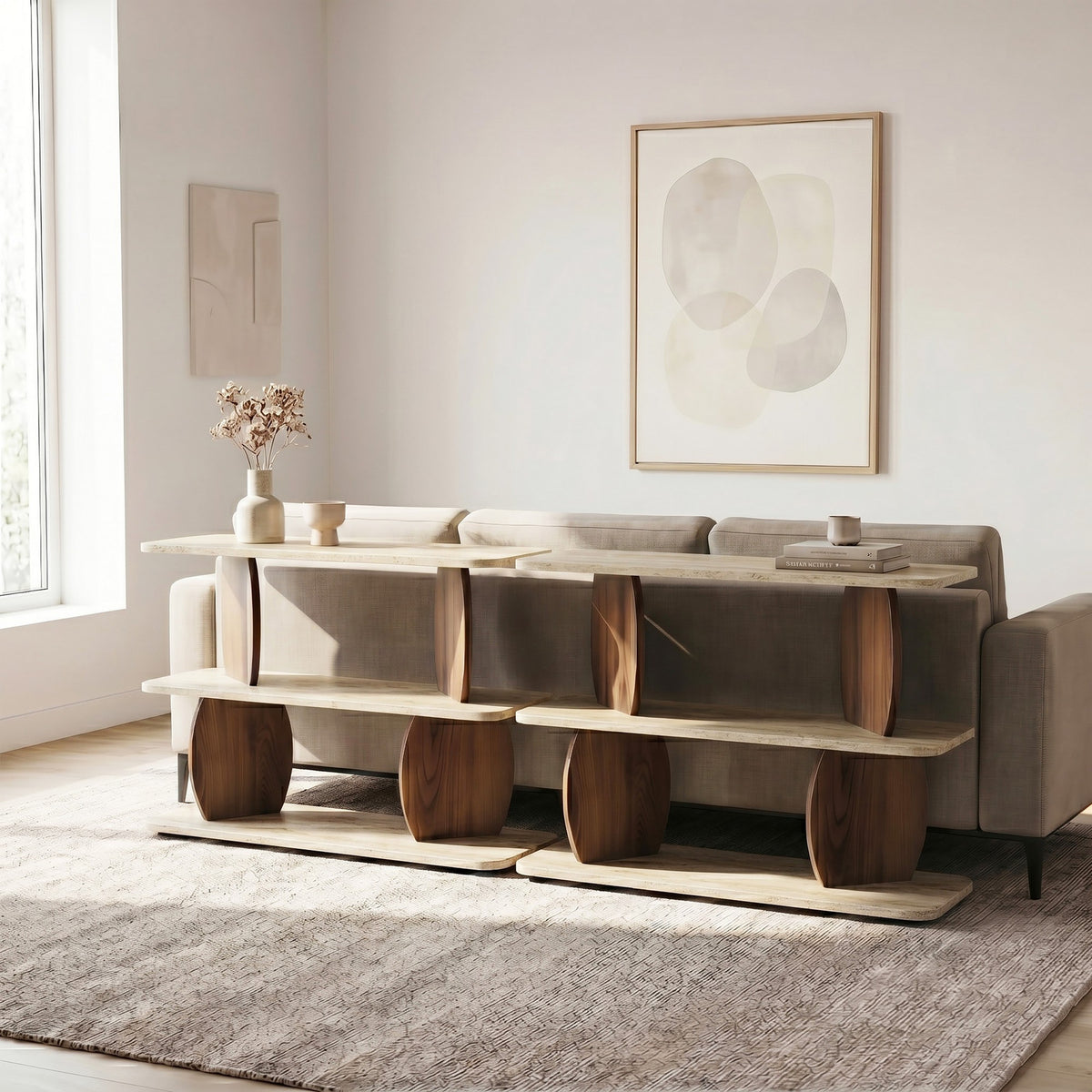 Beistelltisch mit Tischplatte in Travertin-Optik und Gestell in Walnuss-Optik, rechteckige Form, Masse 90 x 30 x 70 cm.