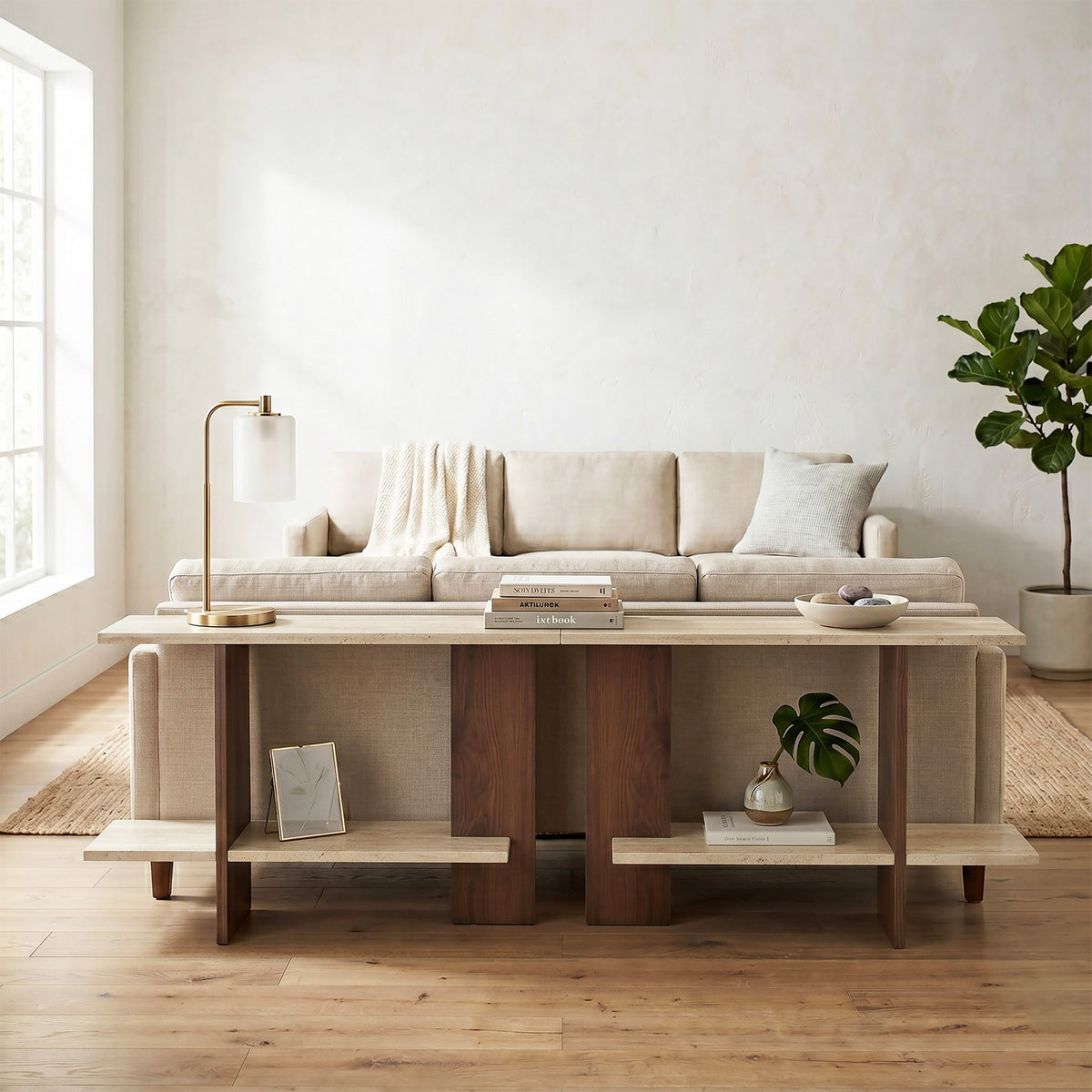 Beistelltisch mit rechteckiger Platte in Travertin-Optik und Nussbaum-Gestell, Melamin-Spanplatte, Masse 80 x 30 x 55 cm.