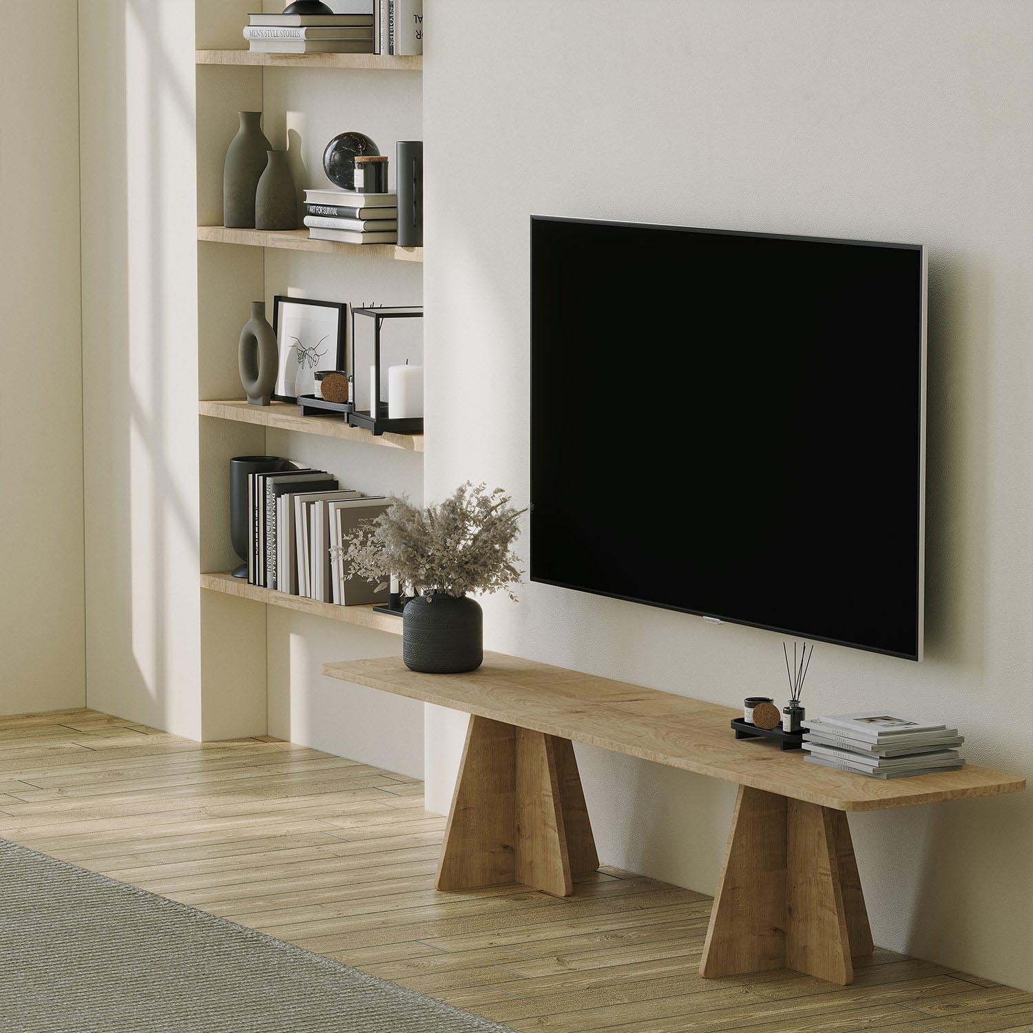 Entdecken Sie den eleganten TV-Ständer "Mushroom - Sapphire Oak" von Hanah Home. Stilvolles Design in Saphir-Eiche für Ihr Wohnzimmer.