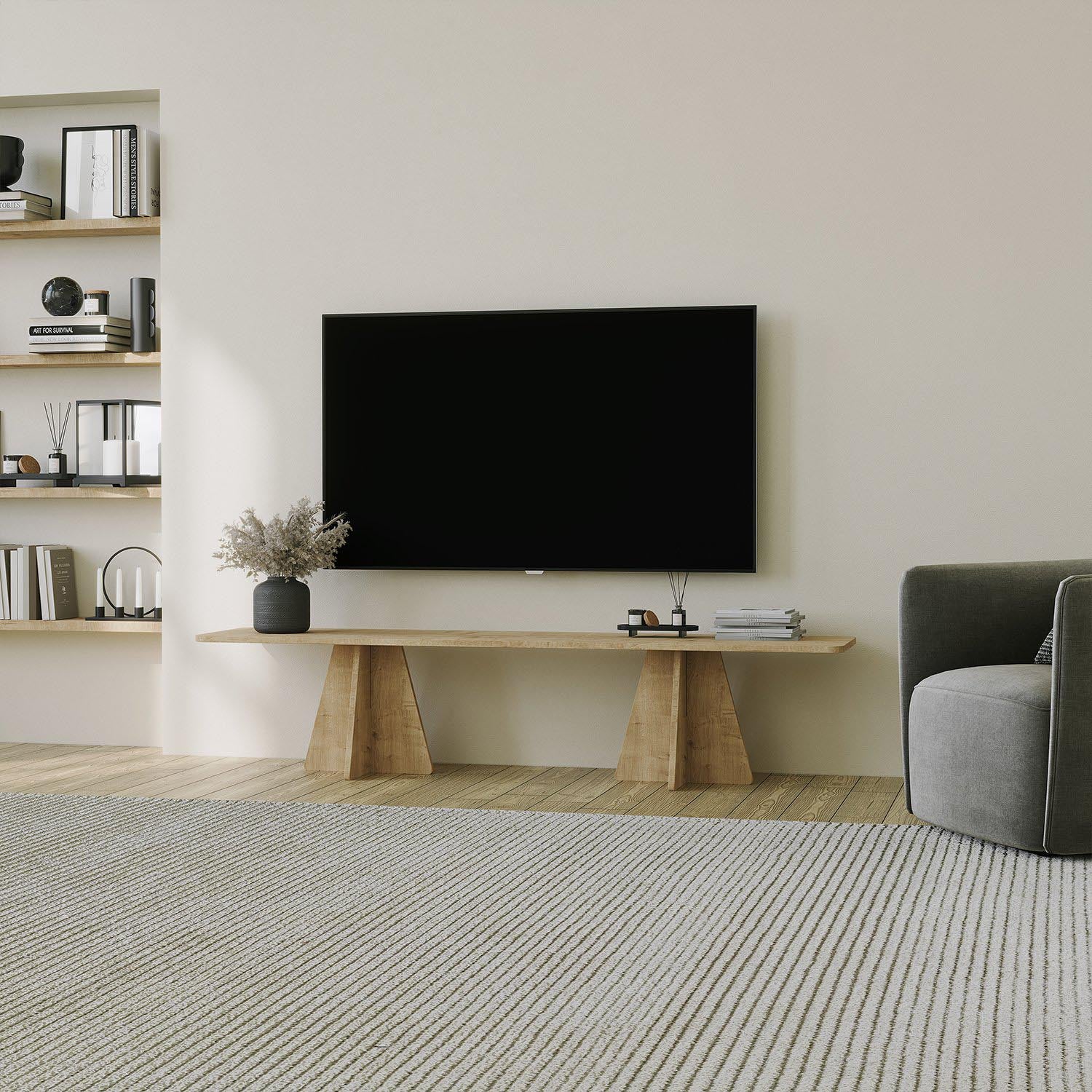 Verleihen Sie Ihrem Wohnraum mit dem TV-Ständer "Mushroom - Sapphire Oak" von Hanah Home einen Hauch von Eleganz und Funktionalität.