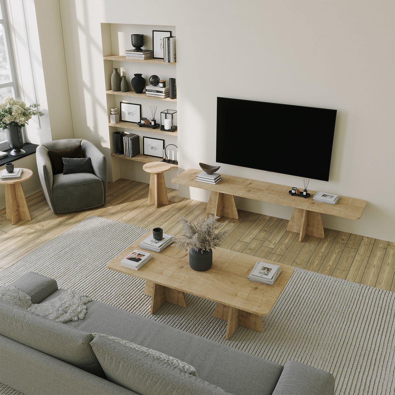 Entdecken Sie den "Mushroom - Sapphire Oak" TV-Ständer von Hanah Home – eine stilvolle Lösung für Ihr Wohnzimmer, die Eleganz und praktischen Stauraum vereint.
