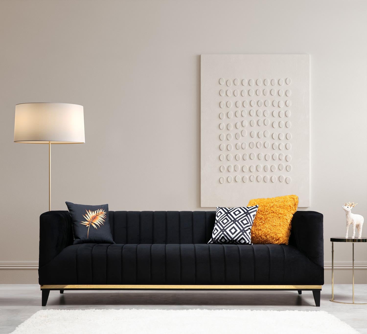 Entdecken Sie das luxuriöse Bellino 3er Sofa in Schwarz Gold von Atelier Del Sofa. Eleganz und Komfort vereint für Ihr Zuhause.