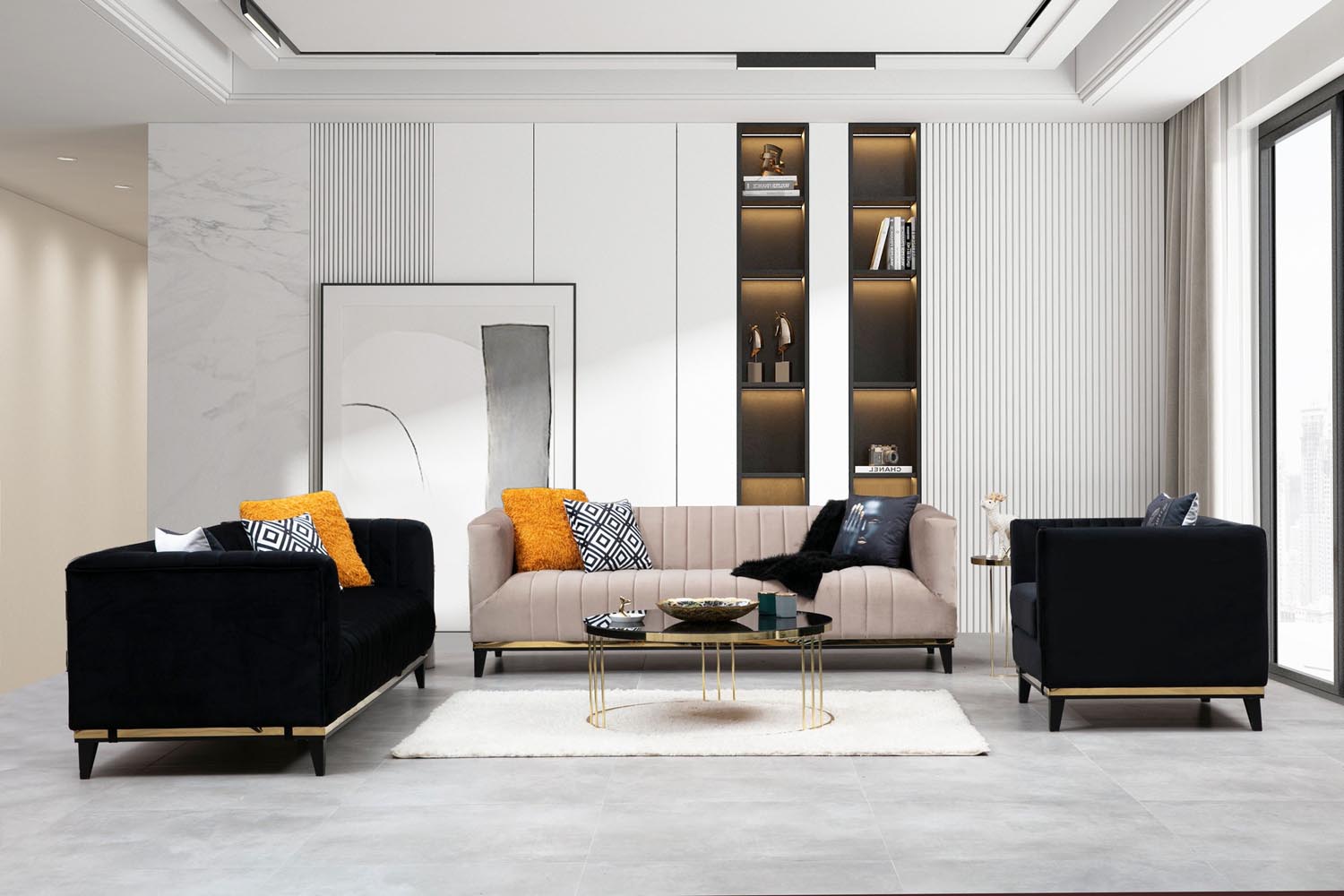 Erleben Sie das Bellino 3er Sofa in Schwarz Gold von Atelier Del Sofa – ein stilvolles Möbelstück, das Luxus und Komfort in Ihr Zuhause bringt.
