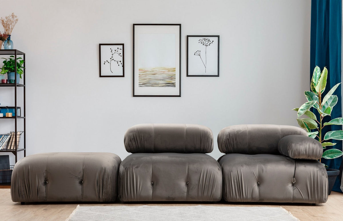 Grauer Bubble Pouf Tuffet von Atelier Del Sofa mit Polyesterbezug, Buchenholzgestell und schwarzen Kunststoffbeinen, runde Form