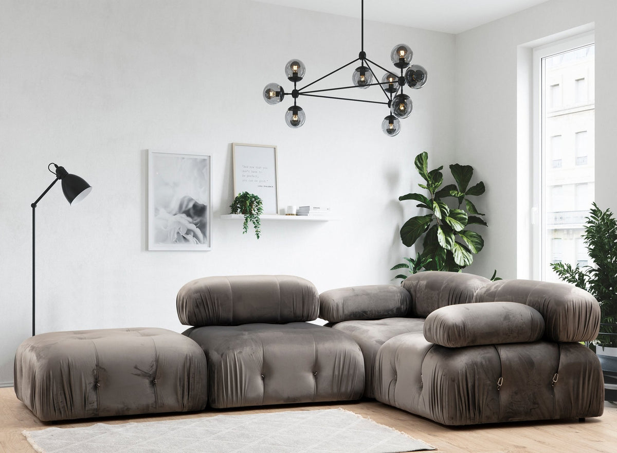 Grauer Bubble Pouf Tuffet von Atelier Del Sofa mit Polyesterbezug, Buchenholzgestell und schwarzen Kunststoffbeinen, runde Form