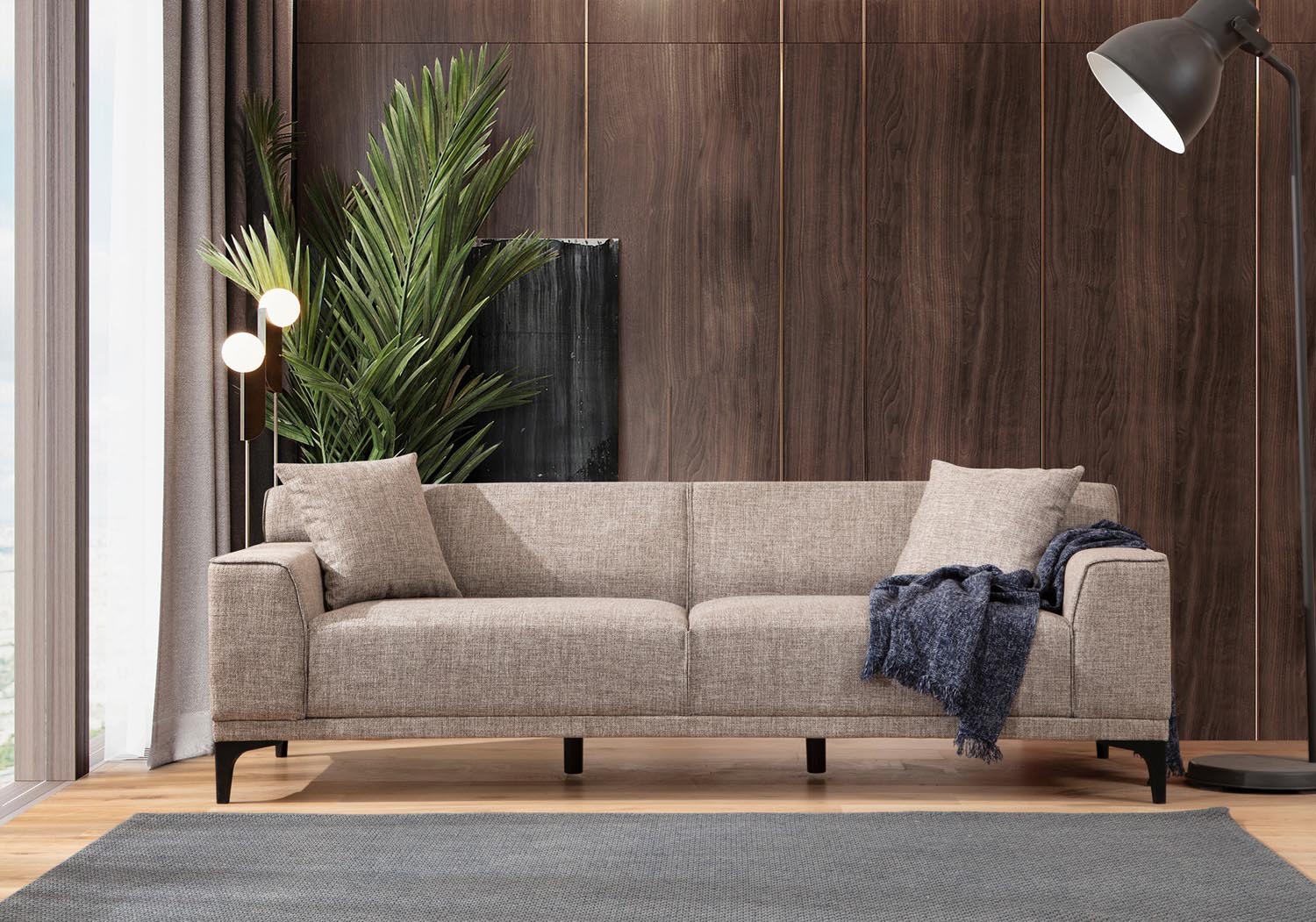 Entdecken Sie das stilvolle 3-Sitzer Sofa Petra 3 in eleganter Rehfarbe. Ideal für jedes Wohnzimmer, vereint es Komfort und modernes Design.