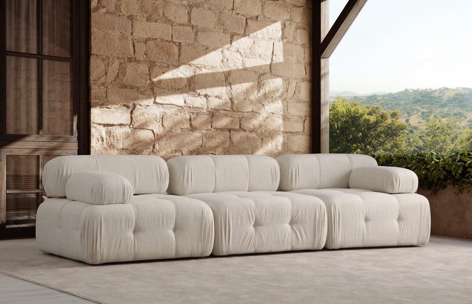 Genießen Sie das Doblo 3-Sitzer Sofa in Sahne von Atelier Del Sofa. Perfekte Kombination aus Stil, Komfort und Langlebigkeit für Ihr Wohnzimmer.