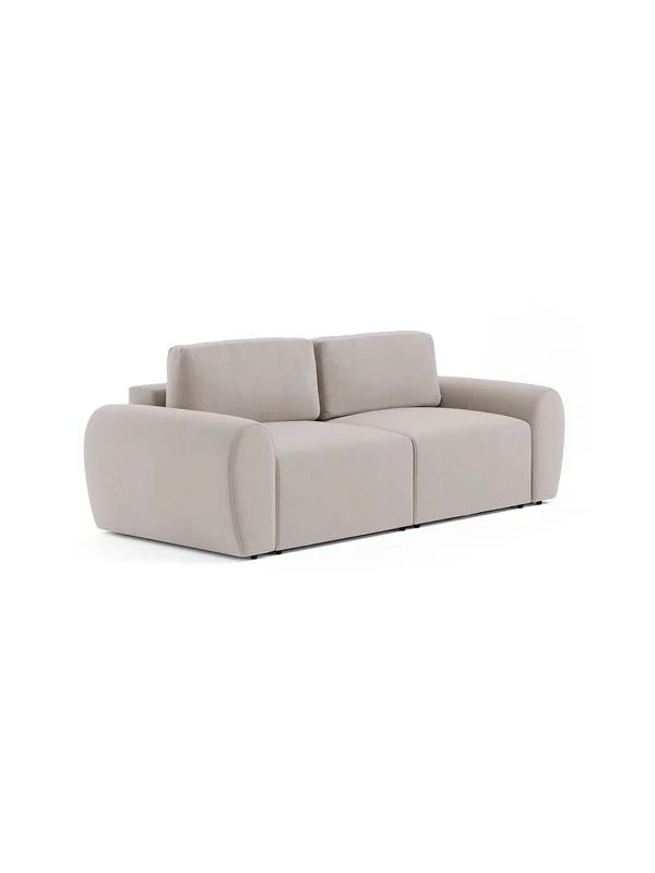 Ecrufarbenes 3-Sitzer Sofa Mono P mit Buchenholzgestell, Kunststoffbeinen und gepolsterten Sitzkissen, Sitzhöhe 45 cm, Frontalansicht.