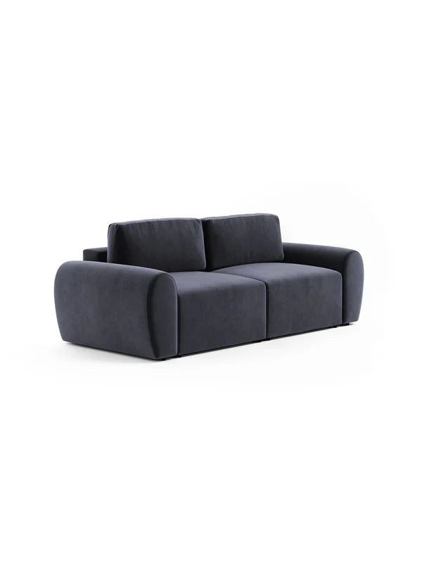 Petrolblaues 3-Sitzer Sofa Mono P von Hanah Home mit Buchenholzgestell, Kunststoffbeinen und weichem Schaumstoffpolster, Frontalansicht.