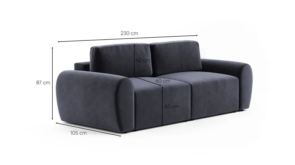 Petrolblaues 3-Sitzer Sofa Mono P von Hanah Home mit Buchenholzgestell, Kunststoffbeinen und weichem Schaumstoffpolster, Frontalansicht.