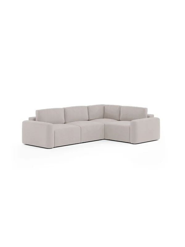 Ecksofa Mono Lilly rechts in Ecru mit Buchenholzgestell, gepolsterten Sitzkissen aus Schaumstoff und Kunststofffüssen, Sitzhöhe 45 Zentimeter.