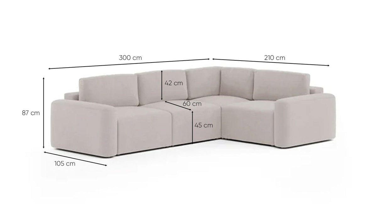 Ecksofa Mono Lilly rechts in Ecru mit Buchenholzgestell, gepolsterten Sitzkissen aus Schaumstoff und Kunststofffüssen, Sitzhöhe 45 Zentimeter.