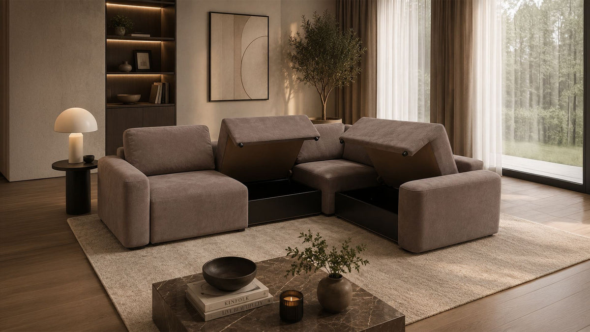 Braunes Ecksofa rechts der Mono Lilly Serie von Hanah Home mit Gestell aus Buchenholz und Spanplatte, Kunststoffbeinen und Polsterung.